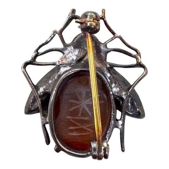 Vtg IPS Scarab Beetle Sterling Silver Carnelian Insect Brooch Signed Statement - Picture 7 of 8